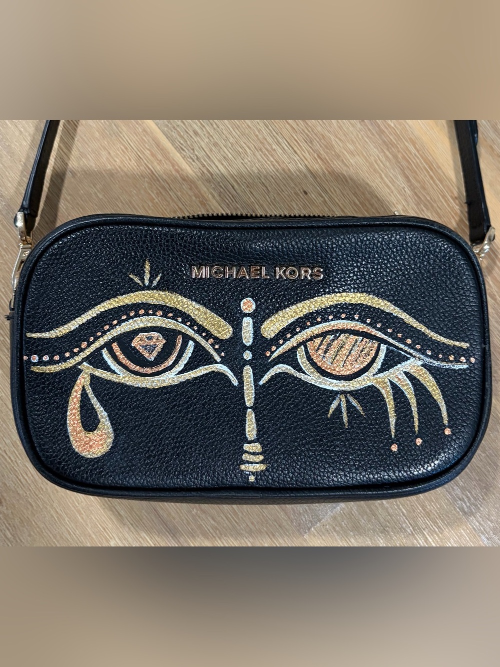 Michael Kors Black Painted Leather Eye Motif Zip Pouch
